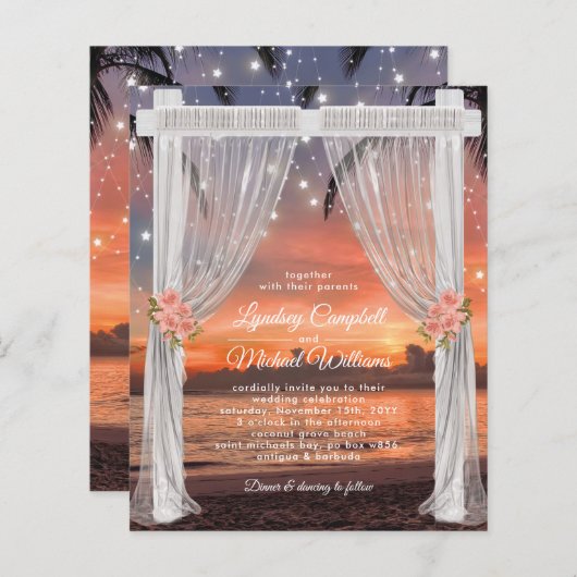 Uitnodiging voor budget strand zonsondergang bruil (Voorkant / Achterkant)