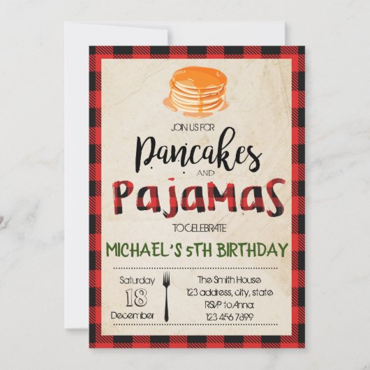 Uitnodiging voor buffelplaid pannenkoeken pyjama f (Voorkant)