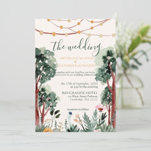 Uitnodiging voor buitenste Floral Trees Lights Wed (Staand voorkant)