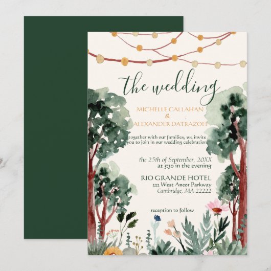 Uitnodiging voor buitenste Floral Trees Lights Wed (Voorkant / Achterkant)