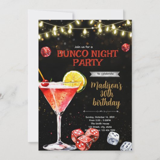 Uitnodiging voor Bunco-avondfeest (Voorkant)