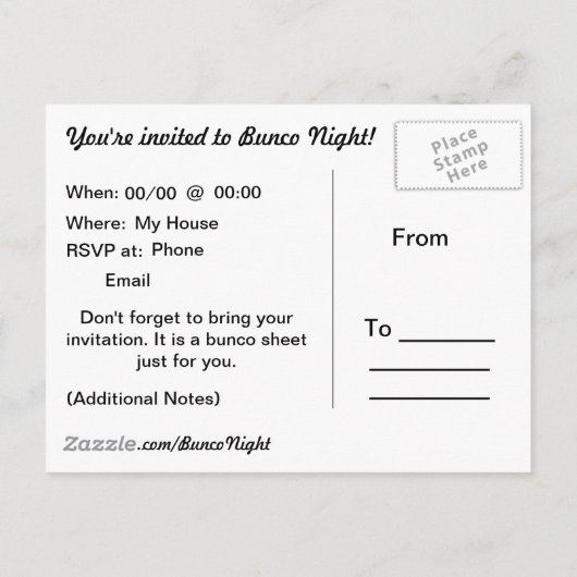 Uitnodiging voor Bunco Post Card (Achterkant)