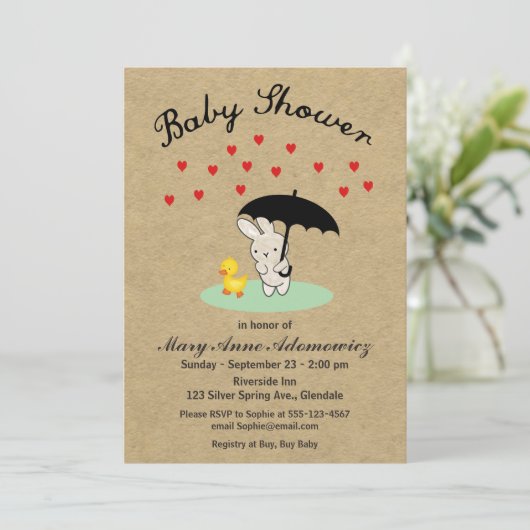  uitnodiging voor Bunny en Duck Baby shower (Staand voorkant)