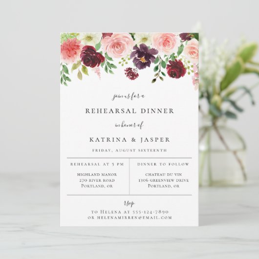 Uitnodiging voor burgundy blush bloemendinerproef (Staand voorkant)