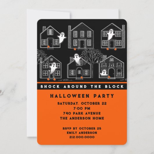 Uitnodiging voor buurt Halloween-feest (Voorkant)