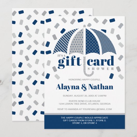 Uitnodiging voor cadeaukaartfeest in blauw en grij (Voorkant / Achterkant)