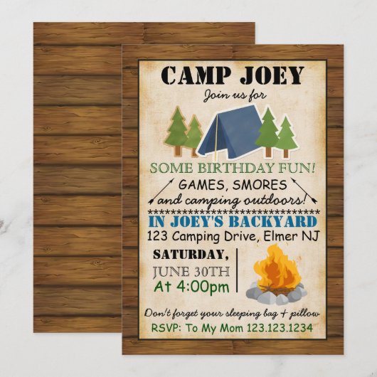 Uitnodiging voor Camping Party (Voorkant / Achterkant)