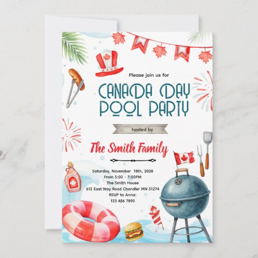 Uitnodiging voor Canada dag zwembadfeest (Voorkant)