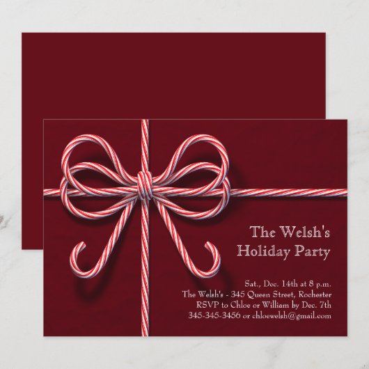 Uitnodiging voor Candy Cane Bow Holiday Party (Voorkant / Achterkant)