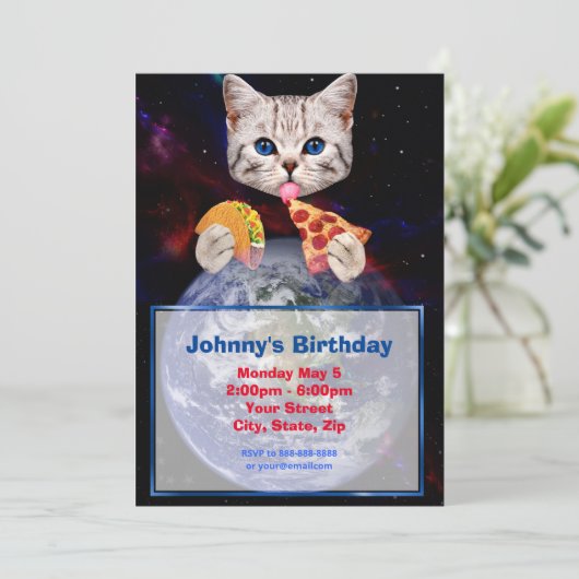 Uitnodiging voor Cat, Taco en Pizza (Staand voorkant)