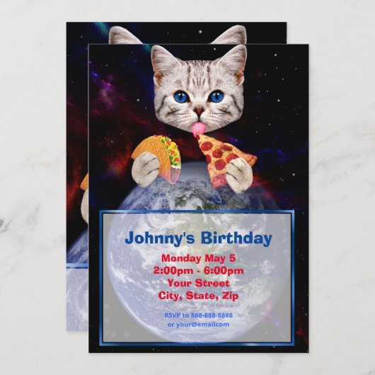 Uitnodiging voor Cat, Taco en Pizza (Voorkant / Achterkant)
