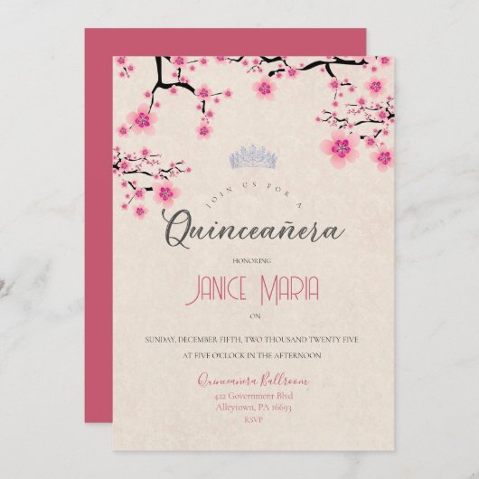 Uitnodiging voor Cherry Blossom Quinceañera (Voorkant / Achterkant)