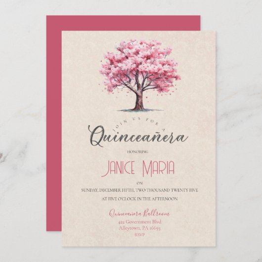 Uitnodiging voor Cherry Blossom Quinceañera (Voorkant / Achterkant)