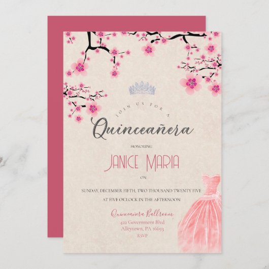 Uitnodiging voor Cherry Blossom Quinceañera (Voorkant / Achterkant)