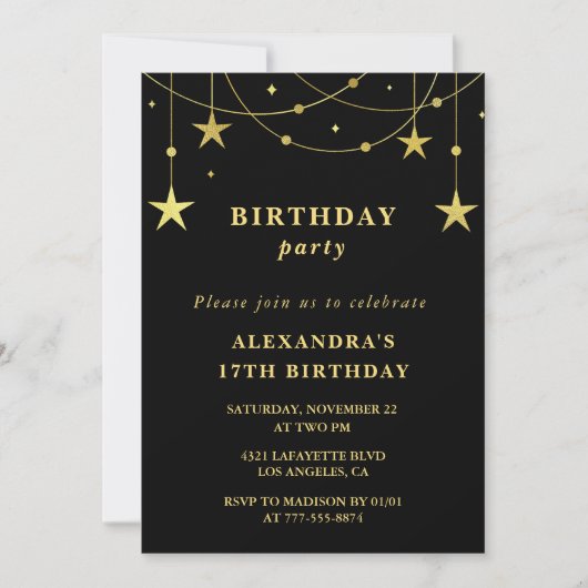 Uitnodiging voor chic 17e verjaardagsfeest met gou (Voorkant)