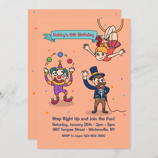 uitnodiging voor circuspersonages (Voorkant / Achterkant)