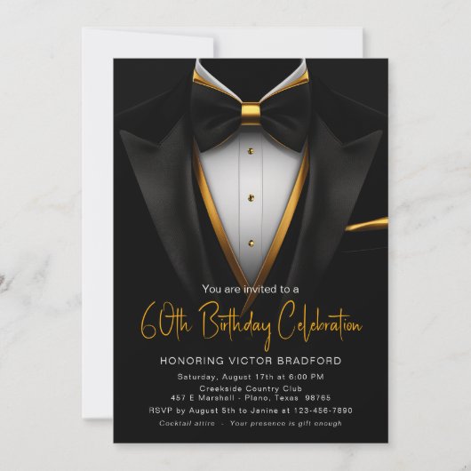 Uitnodiging voor Classy Black and Gold Tuxedo Even (Voorkant)