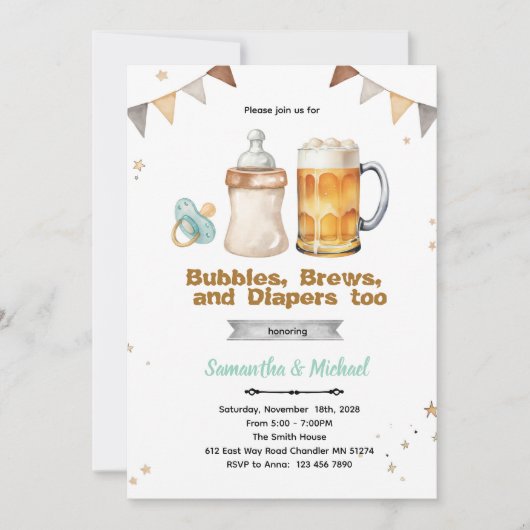 Uitnodiging voor co-ed baby shower met bier (Voorkant)