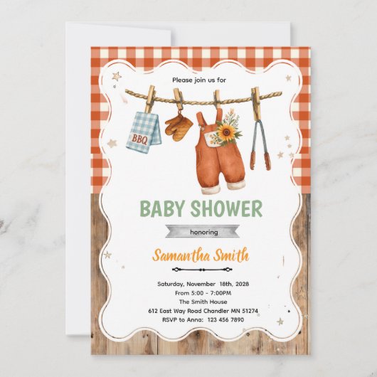 Uitnodiging voor coed BBQ baby shower (Voorkant)