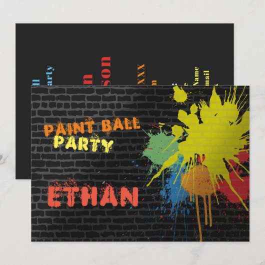 Uitnodiging voor coloful Paintball Birthday Party (Voorkant / Achterkant)