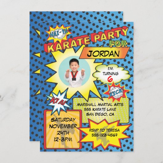 Uitnodiging voor Comic Book Karate Party (Voorkant / Achterkant)