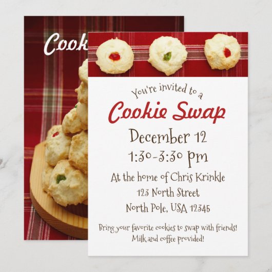 Uitnodiging voor Cookie Swap met rode geruite Thum (Voorkant / Achterkant)