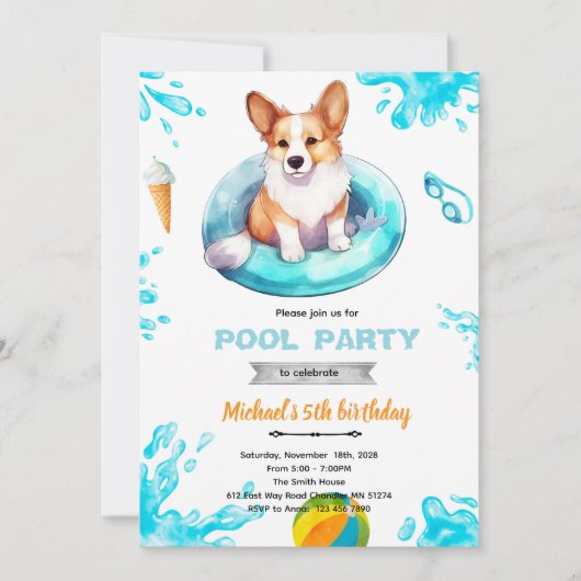Uitnodiging voor Corgi zwembadfeestje (Voorkant)