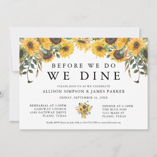 Uitnodiging voor Country Sunflower Probediner (Voorkant)