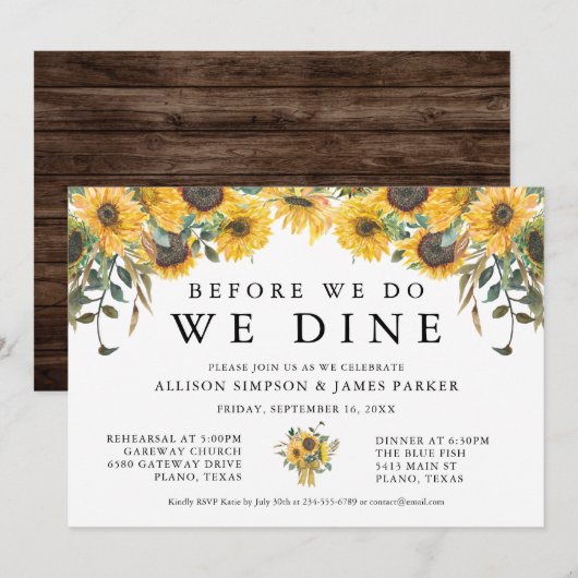 Uitnodiging voor Country Sunflower Probediner (Voorkant / Achterkant)