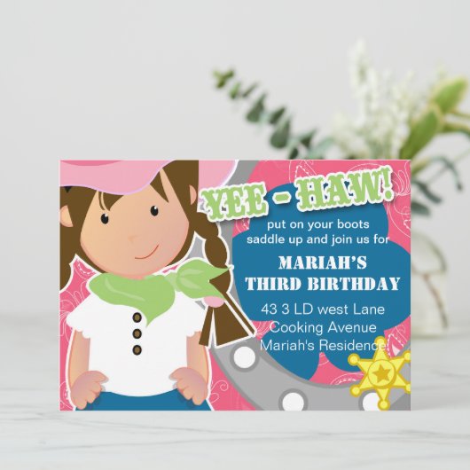 uitnodiging voor Cowgirl Birthday (Staand voorkant)