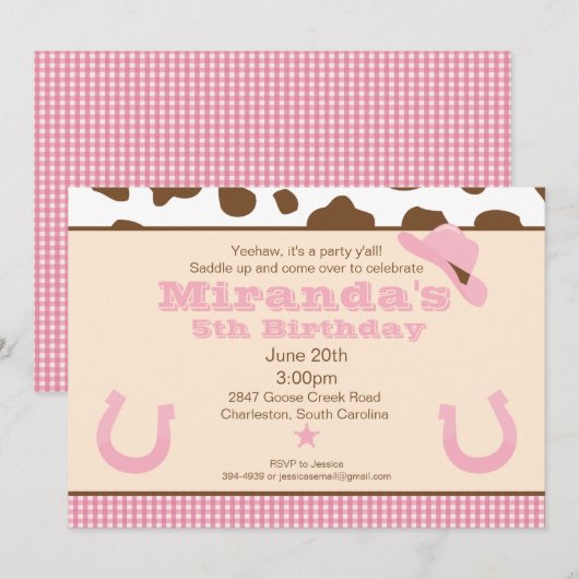 uitnodiging voor Cowgirl Birthday (Voorkant / Achterkant)