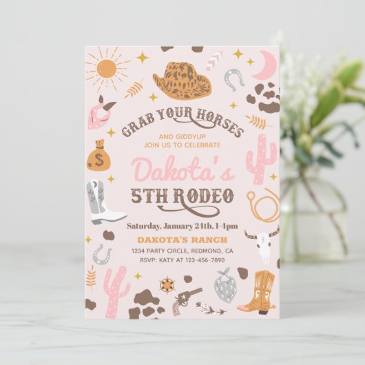 uitnodiging voor Cowgirl Birthday | 5e uitnodiging (Staand voorkant)