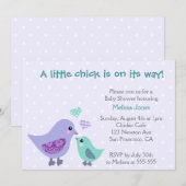Uitnodiging voor Cute Blue en Paarse Bird Baby sho (Voorkant / Achterkant)