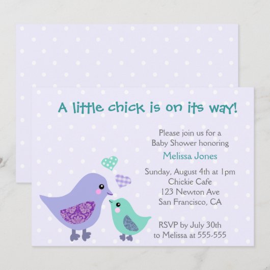 Uitnodiging voor Cute Blue en Paarse Bird Baby sho (Voorkant / Achterkant)