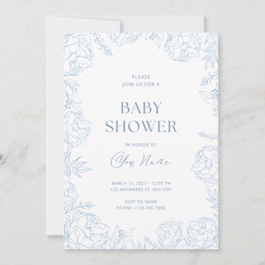 Uitnodiging voor Cute Blue Flower Baby Shower  (Voorkant)