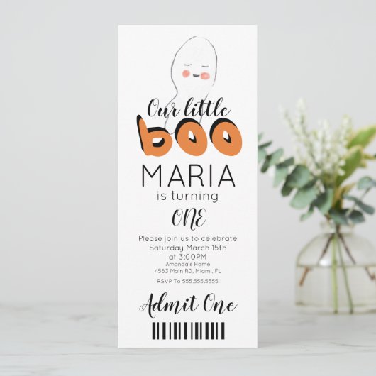Uitnodiging voor Cute Ghost Boo Ticket Style Feest (Staand voorkant)