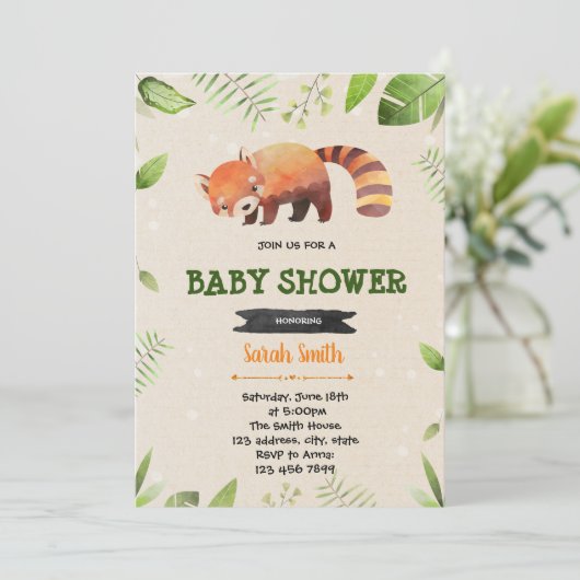 Uitnodiging voor cute rode panda showerfeestje (Staand voorkant)