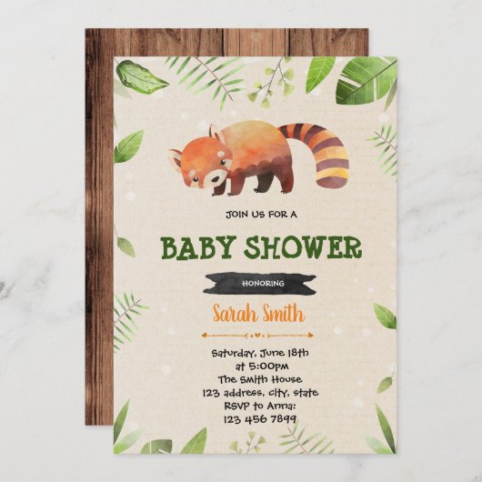Uitnodiging voor cute rode panda showerfeestje (Voorkant / Achterkant)