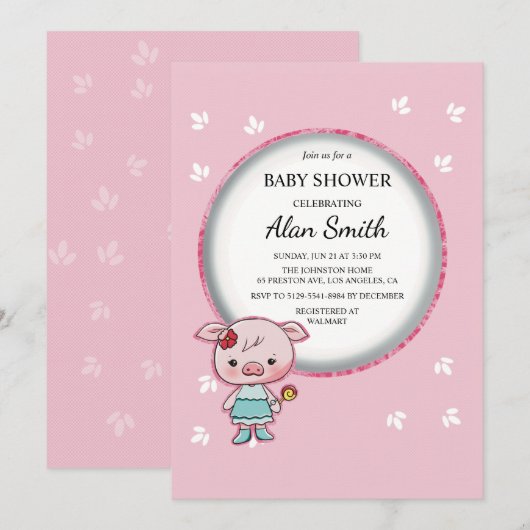 Uitnodiging voor Cute Roze Varkensbaby Shower (Voorkant / Achterkant)