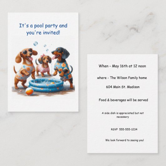 Uitnodiging voor dachshund-themapoolfeestje (Voorkant / Achterkant)