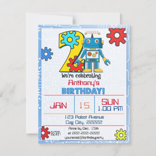Uitnodiging voor de 2e verjaardag van de robot (Voorkant)