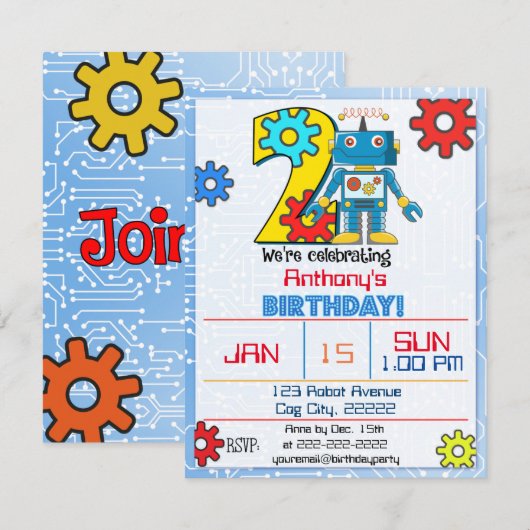 Uitnodiging voor de 2e verjaardag van de robot (Voorkant / Achterkant)