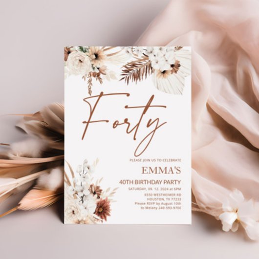 Uitnodiging voor de 40e verjaardag Boho Pampas
