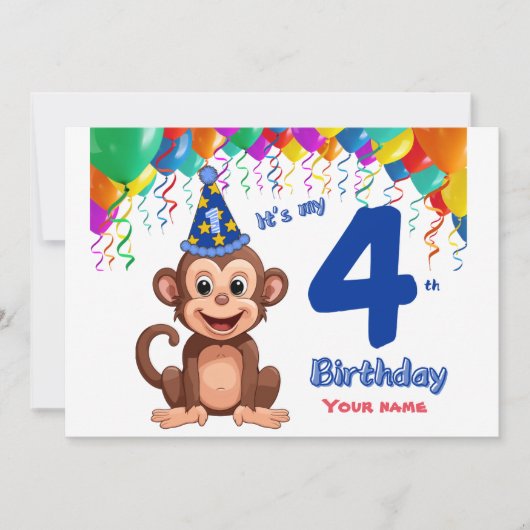 Uitnodiging voor de 4e verjaardag, Monkey Party Pe (Voorkant)