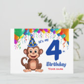 Uitnodiging voor de 4e verjaardag, Monkey Party Pe (Staand voorkant)