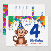 Uitnodiging voor de 4e verjaardag, Monkey Party Pe (Voorkant / Achterkant)