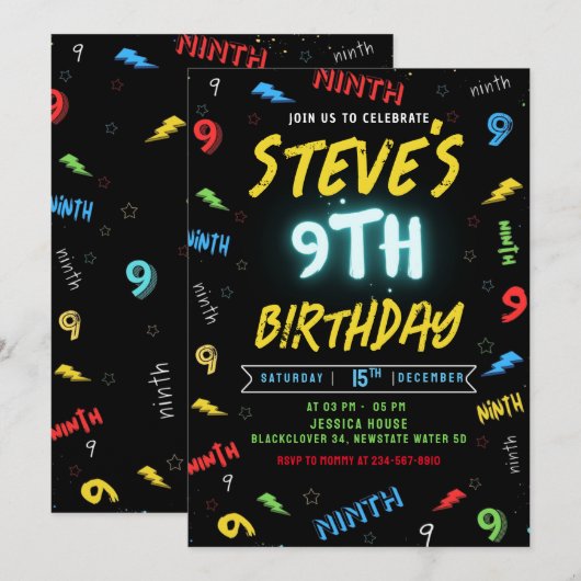 Uitnodiging voor de 9e verjaardag (Voorkant / Achterkant)