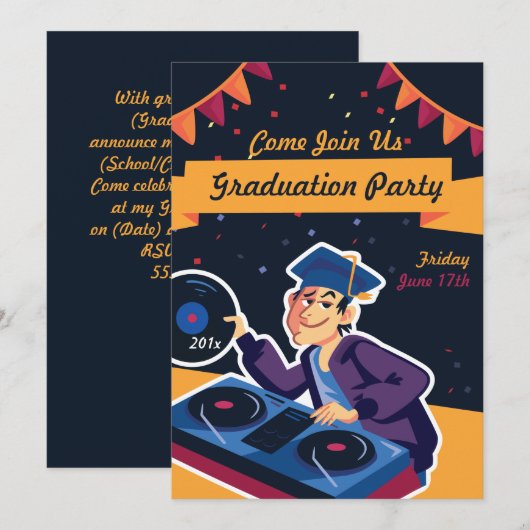 Uitnodiging voor de Afstuderen DJ Graduation Party (Voorkant / Achterkant)