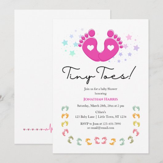 Uitnodiging voor de baby shower van Tiny Toes (Voorkant / Achterkant)