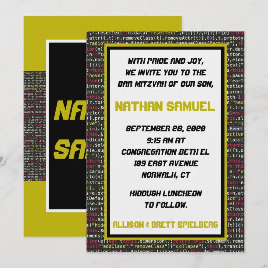 Uitnodiging voor de Bar Mitswa van Coder's Party (Voorkant / Achterkant)